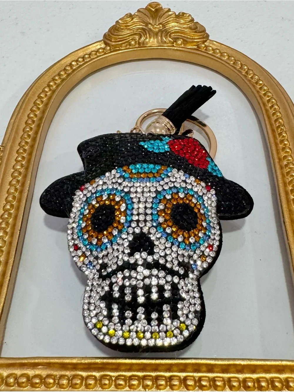 New Crystal Embellished Sugar Skull w/ Mustache & Hat  Keychain